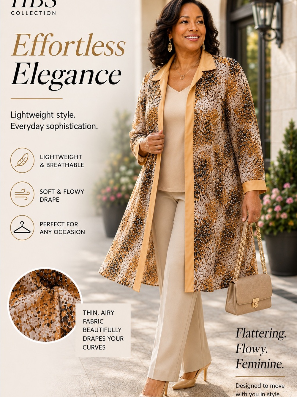 Women’s Lightweight Animal Print Duster Jacket – Camel Trim - Size 12